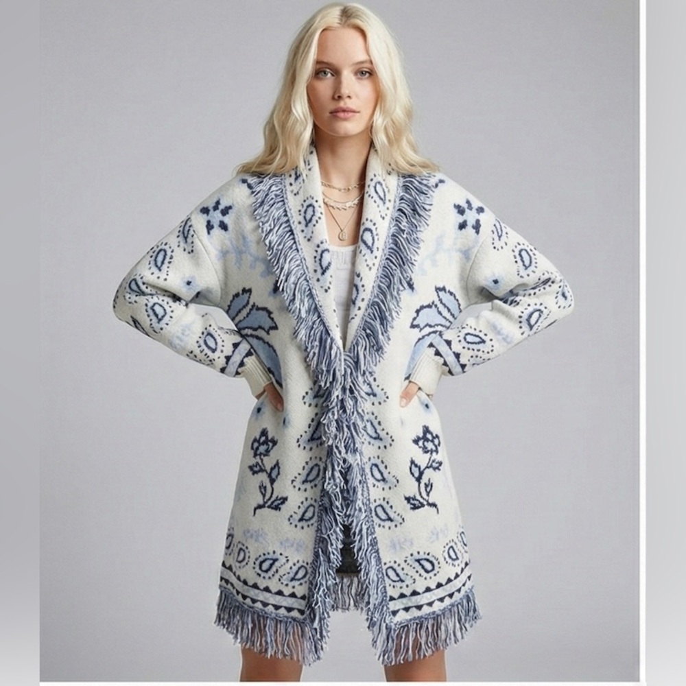 LAST ONE 🔥 Western Chic Ivory & Indigo Paisley Fringe Sweater Knit Cardigan